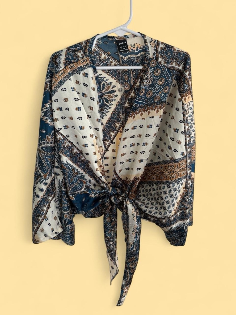 SHEIN Blue, Cream & Tan Paisley Tie-Front Top